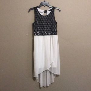 Black and white sequin and lace hi low dress